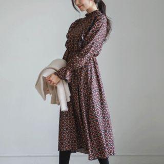 Gathered-waist Frilled Patterned Long Dress