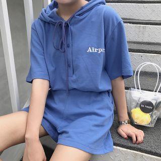 Sports Set: Short-sleeve Embroidered Hoodie + Shorts
