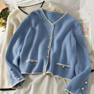 Contrast-trim V-neck Loose Cardigan