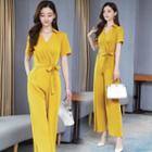 V-neck Short-sleeve Wide-leg Jumpsuit