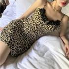 Spaghetti Strap Leopard Print Mini Sheath Dress Leopard - Khaki & Black - One Size