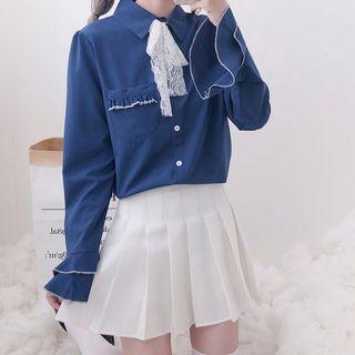 Tie-neck Long-sleeved Blouse / A-line Mini Skirt
