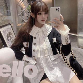 Details Pleated Plain Shirt / Colorblock Light Knit Cardigan
