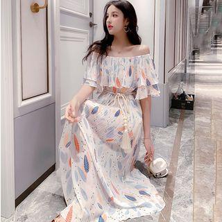 Leaf Print Off-shoulder Midi A-line Dress