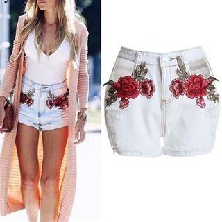 Flower Embroidered Denim Hot Pants