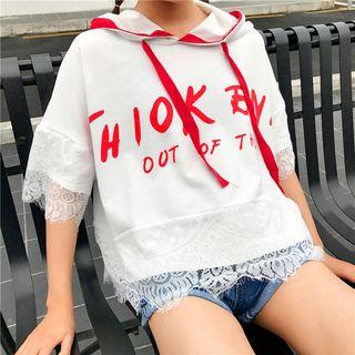 Lace Trim Short-sleeve Hooded T-shirt