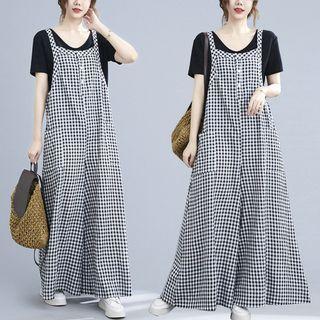 Sleeveless Check Loose-fit Jumper Pants