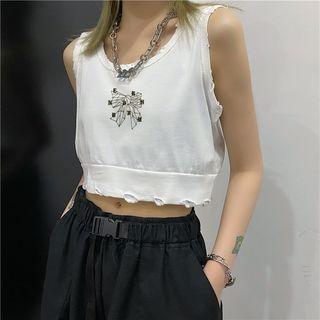 Print Distressed Cropped Tank Top