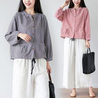 Plaid V-neck Long-sleeve Shirt