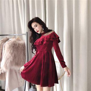 Long-sleeve Mesh Panel Ruffle-trim Mini A-line Velvet Dress
