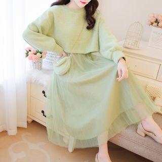 Set: Plain Loose-fit Top + Pleated Skirt