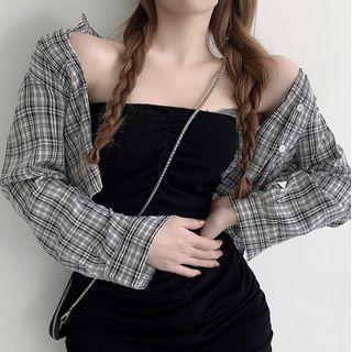 Off-shoulder Sheath One Piece / Plaid Cropped Shirt
