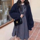 Puff-sleeve Plaid Midi A-line Dress / Cardigan