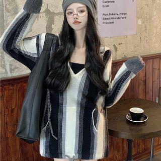 Striped Knit Hooded Top Gray - One Size