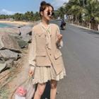 Set: Long Sleeve Tie-neck Floral Chiffon Dress + Asymmetrical Button-up Vest