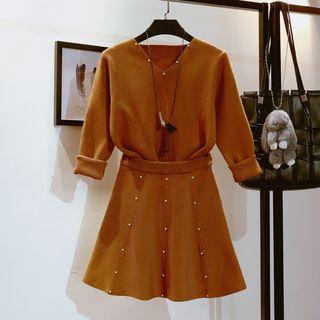 Set: Embellished V-neck Long-sleeve Knit Top + Mini Skirt