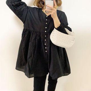 Puff-sleeve Flower Embroidered Blouse Black - M
