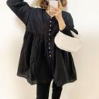Puff-sleeve Flower Embroidered Blouse Black - M