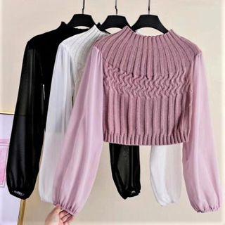 Mesh Sleeve Mock Neck Knit Top