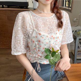 Floral Drawstring Camisole Top / Short-sleeve Lace Top
