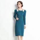 Long-sleeve Cut-out Knit Sheath Dress Blue - One Size