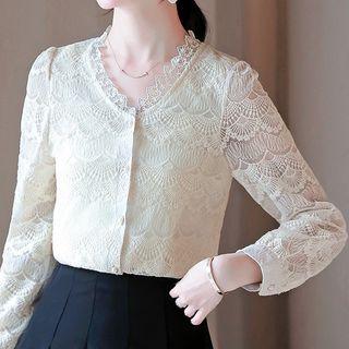 V-neck Lace Trim Long-sleeve Blouse