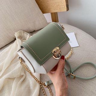 Faux Leather Color Block Panel Push Lock Satchel