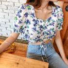 Square-neck Drawcord Floral Blouse
