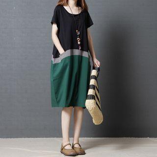 Color Panel Short Sleeve T-shirt Midi Dress