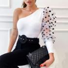 One-shoulder Dotted Mesh Panel Top