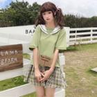 Sailor Collar Short-sleeve T-shirt / Plaid A-line Skirt