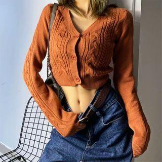 V-neck Long-sleeve Cable-knit Cropped Cardigan