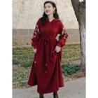 Flower Embroidered Hooded Long-sleeve Midi A-line Dress