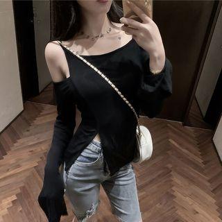 Cold-shoulder Long-sleeve Slit T-shirt