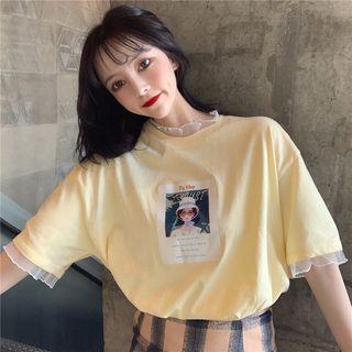 Elbow-sleeve Frill Trim Printed T-shirt