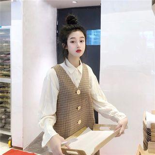 Plain Long-sleeve Shirt Blouse - One Size
