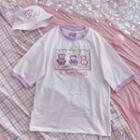 Short-sleeve Cartoon Print T-shirt Purple Collar - White - One Size