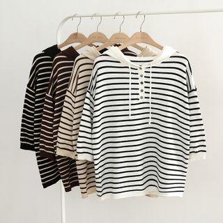 3/4-sleeve Striped Knit Hoodie