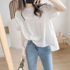 Short-sleeve Mock Neck Embroidered Blouse