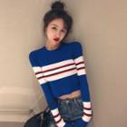 Long-sleeve Striped Cropped Knit Top Top - Blue - One Size