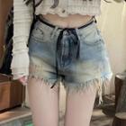 Long-sleeve Crop Top / Fray Hem Denim Shorts