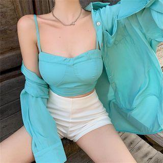 Long-sleeve Plain Loose-fit Shirt / Sleeveless Plain Cropped Top
