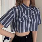 Short-sleeve Cropped Striped Shirt Stripe - Blue & White - One Size