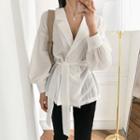 Notched-lapel Puff-sleeve Blouse With Sash
