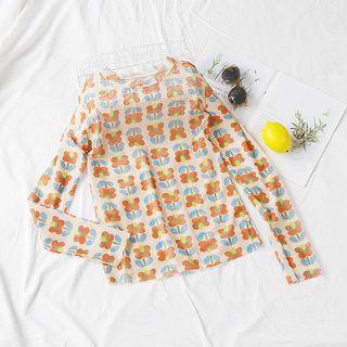Floral Long-sleeve T-shirt Almond - One Size
