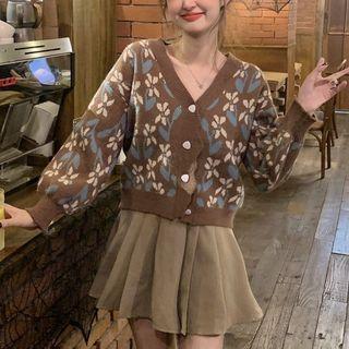 V-neck Floral Long-sleeve Cardigan Coffee - One Size