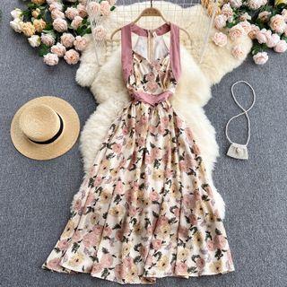 Ruched Print Color Block Spaghetti-strap Dress
