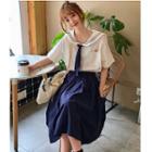 Short-sleeve Sailor Collar Blouse / A-line Midi Skirt