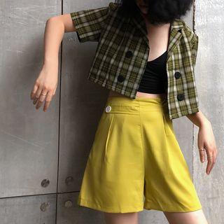 Plaid Double-breasted Short-sleeve Cropped Blazer