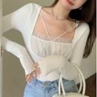 Long-sleeve Square-neck Mesh Panel T-shirt